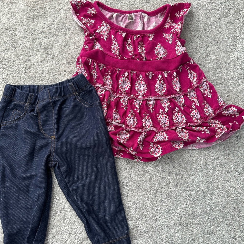 Baby Girl Tea Collection Flutter dress and Carter’s jeggings